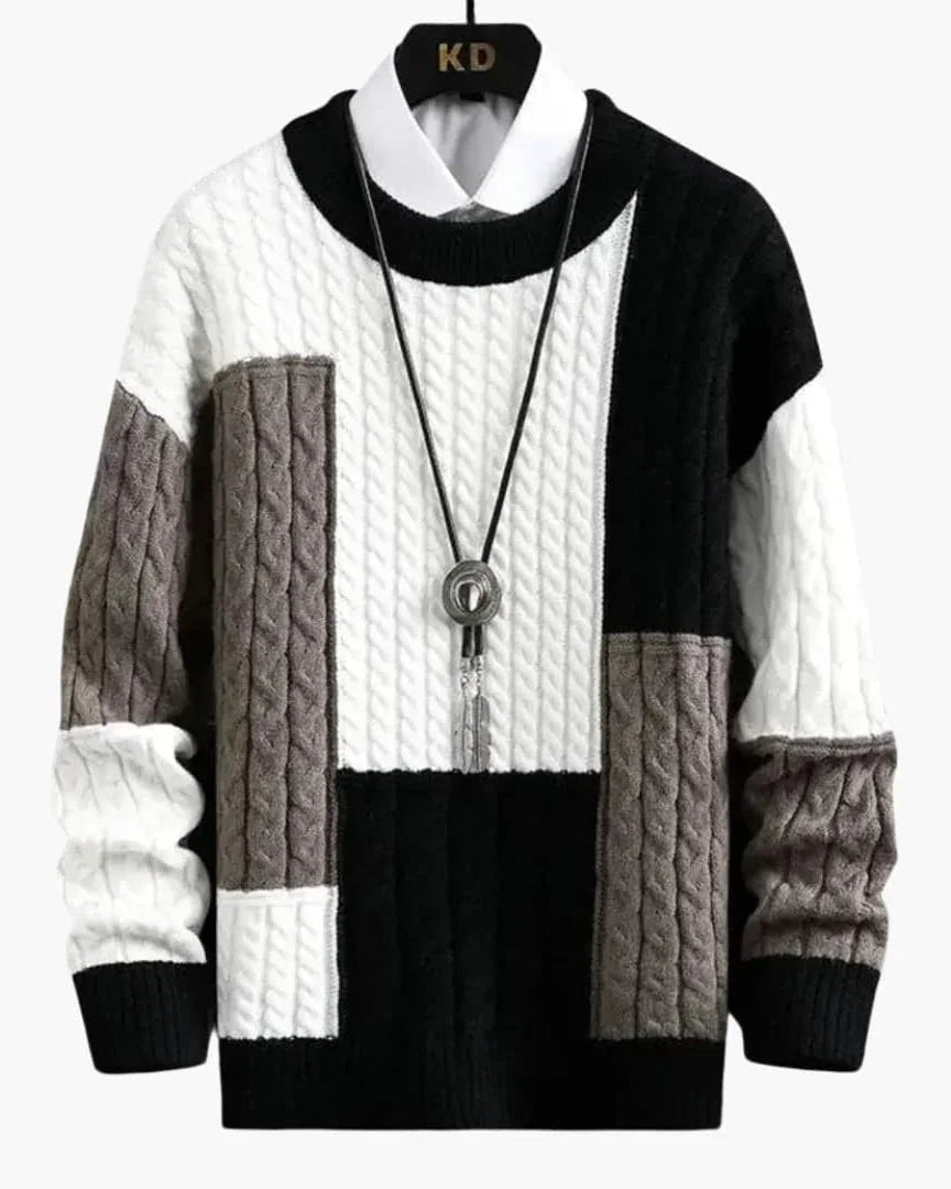 Men’s Sweater with Cable Knit and Patchwork Design - Opera New York