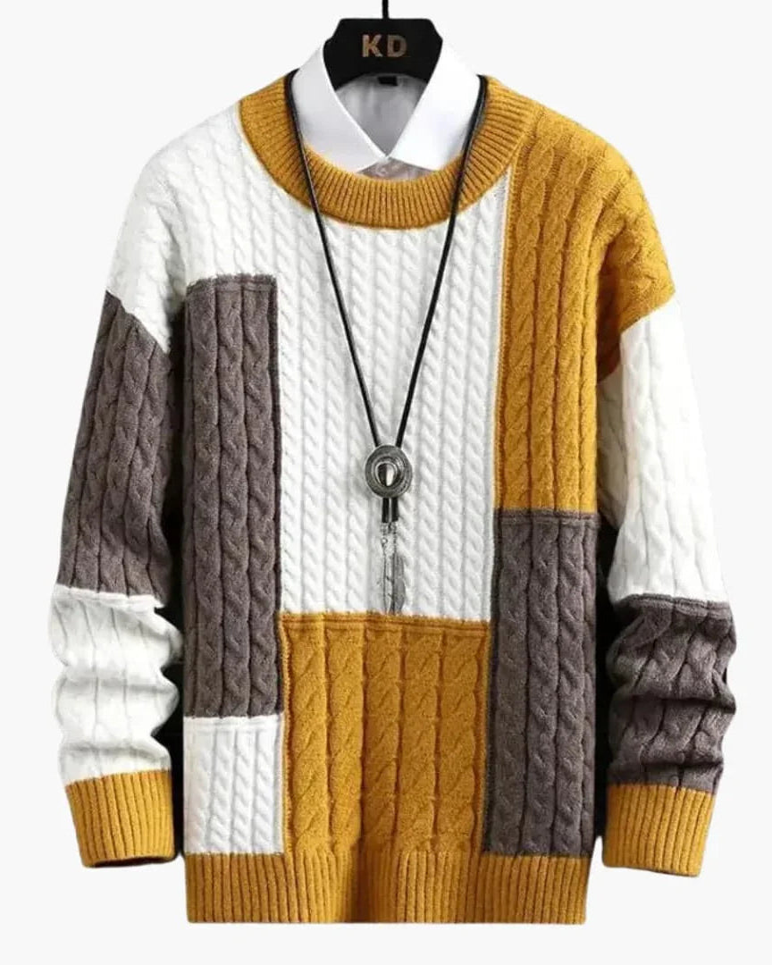 Men’s Sweater with Cable Knit and Patchwork Design - Opera New York