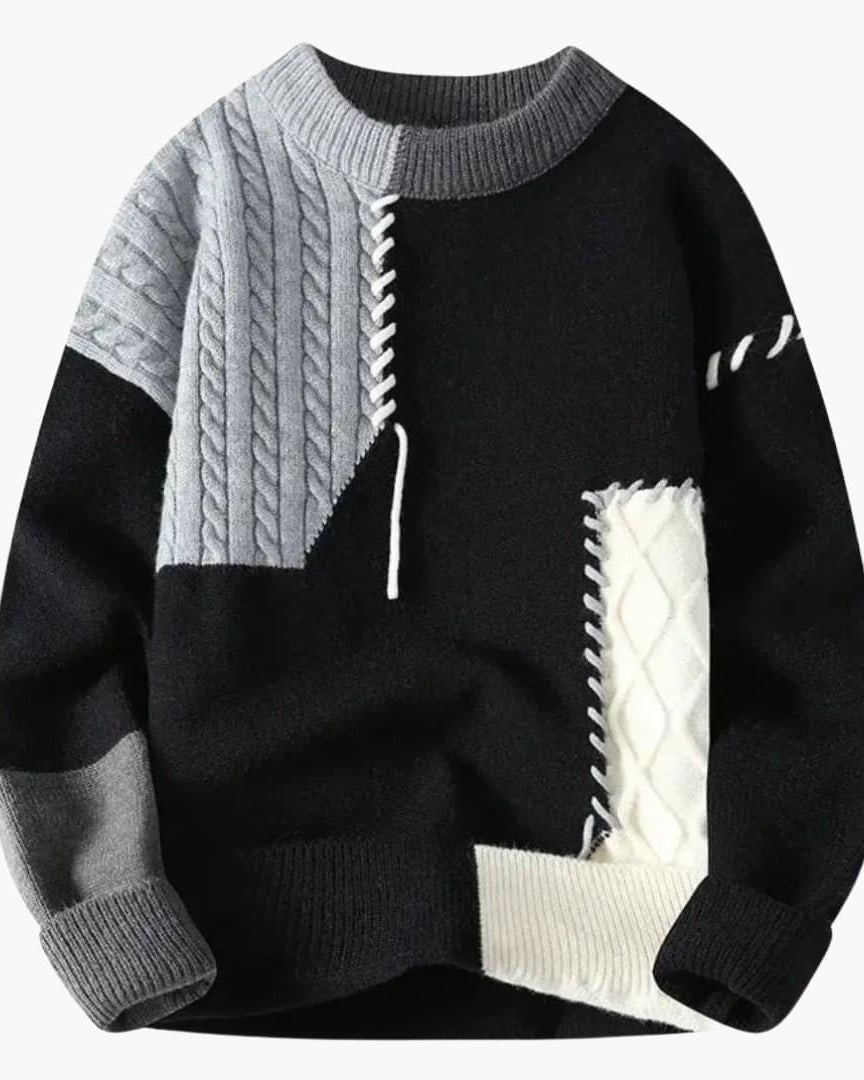 Men’s Sweater with Cable Knit and Patchwork Details - Opera New York