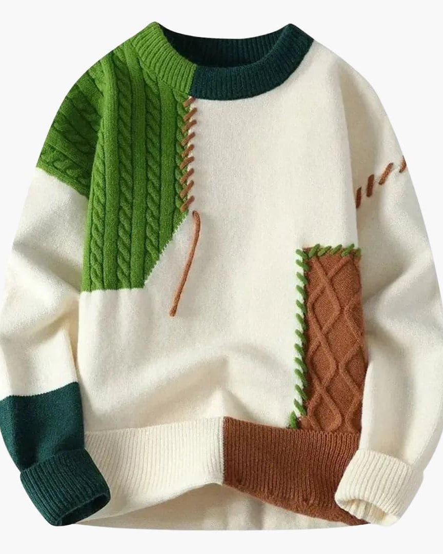 Men’s Sweater with Cable Knit and Patchwork Details - Opera New York